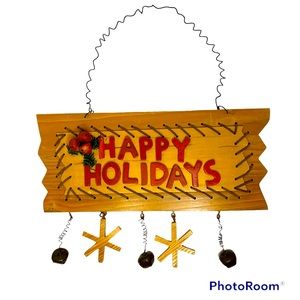 Primitive Rustic Country Happy Holidays Wood Block Sign Cabin Cottage Christmas